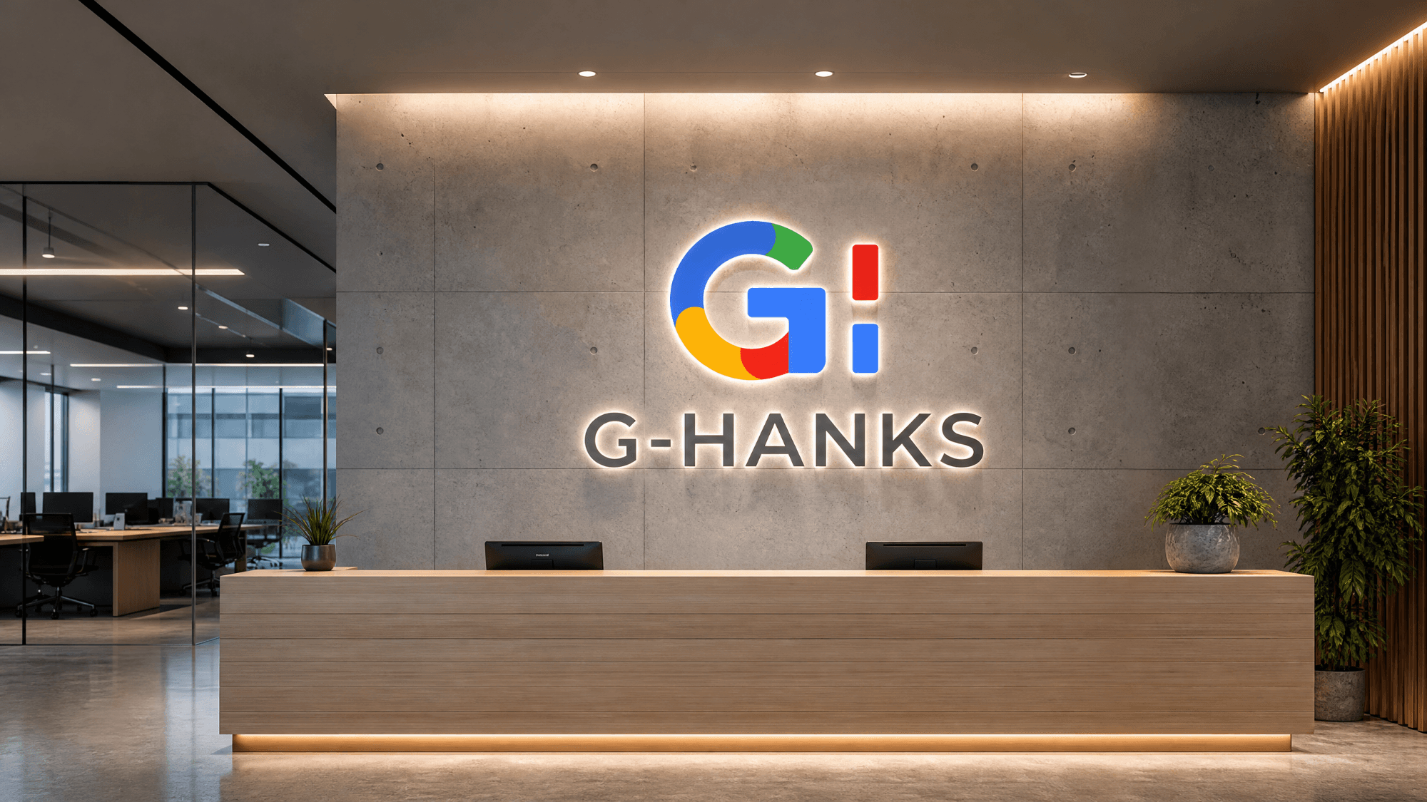 Escritório executivo e ambiente de reuniões estratégicas da G Hanks.