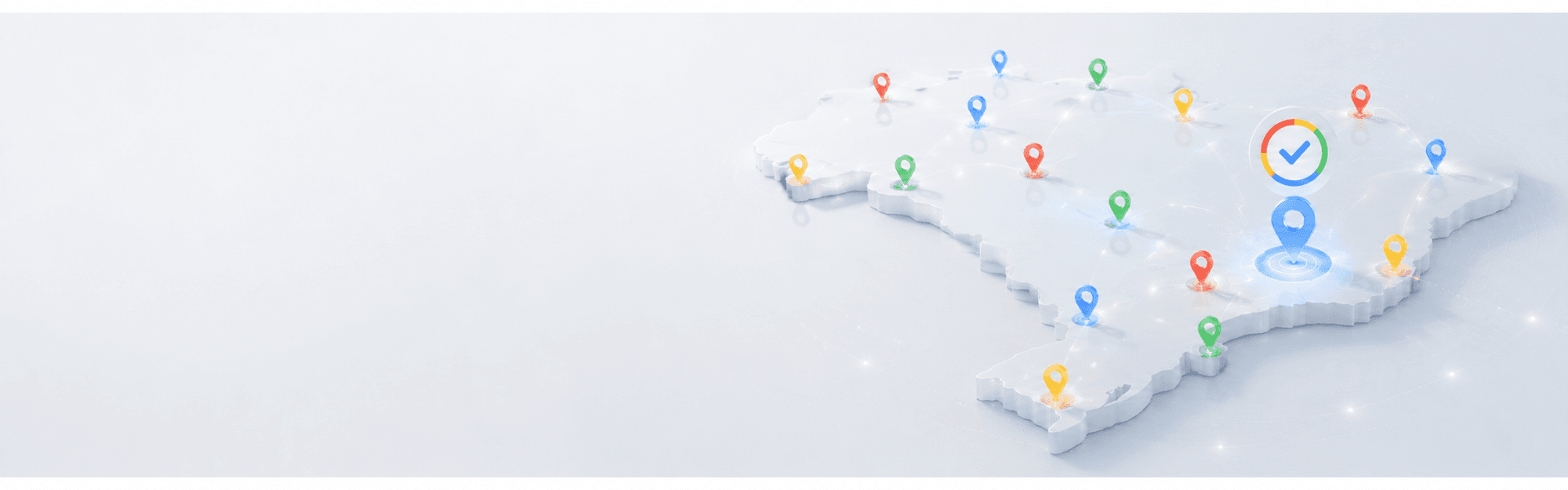 Mapa estilizado do Brasil com pontos de localização coloridos conectados por uma rede, com um ponto em destaque marcado por um selo de exclusividade