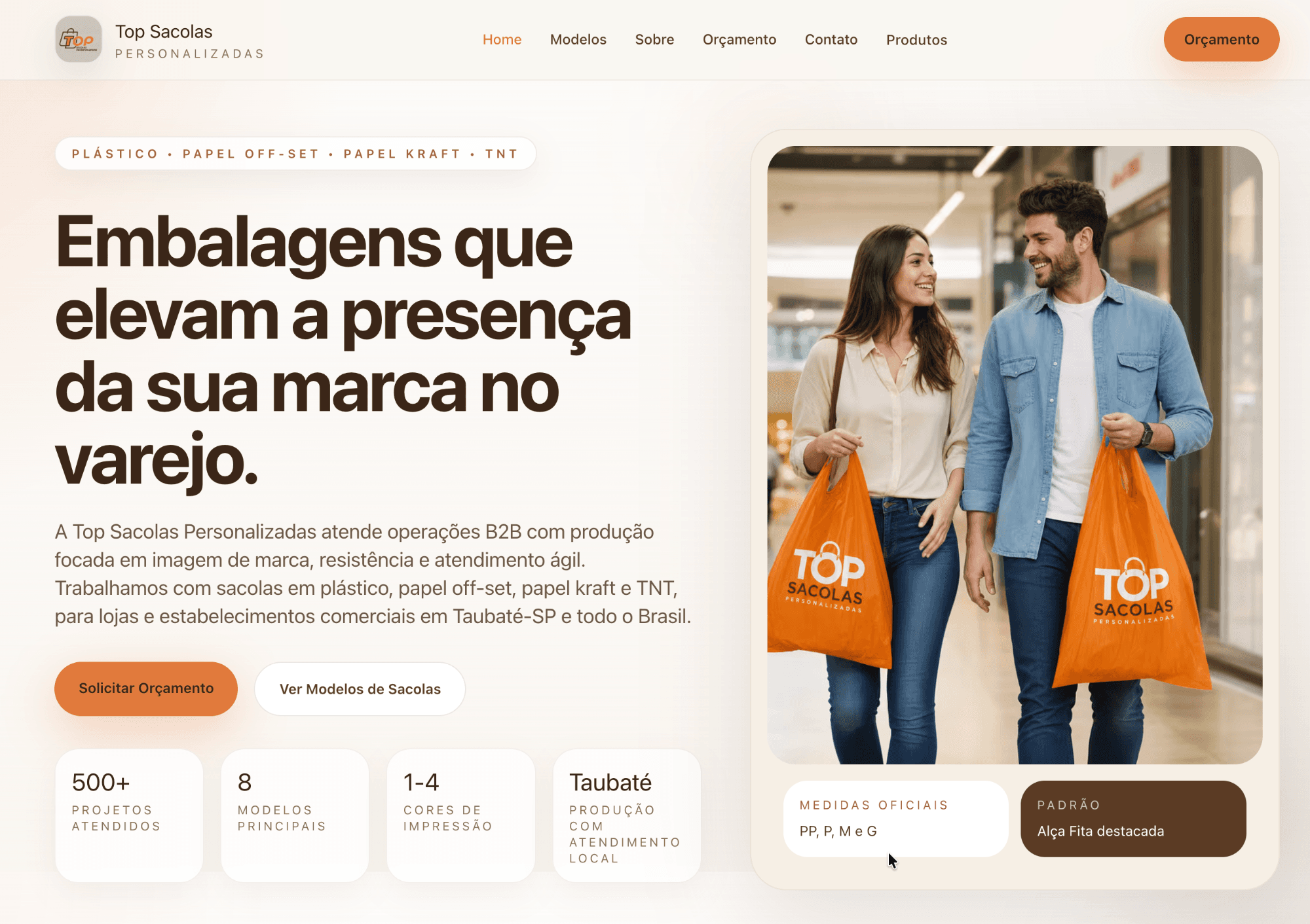 Screenshot do site Top Sacolas Personalizadas