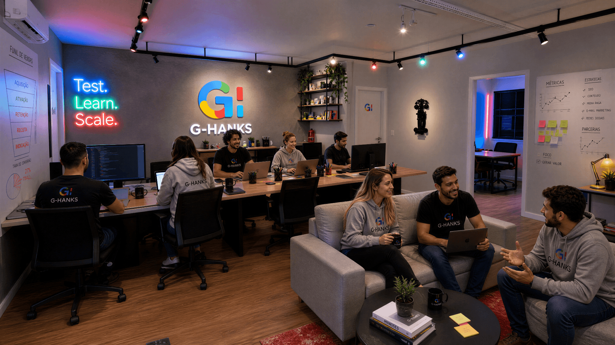 Equipe G Hanks trabalhando no escritório com foco em estratégia e SEO orgânico.