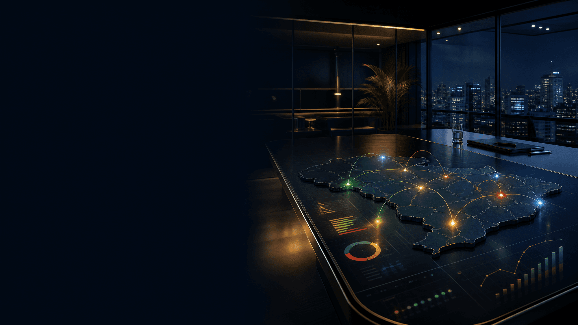 Mesa de reunião executiva com mapa tátil interativo, tablet com gráficos e vista panorâmica noturna da cidade.