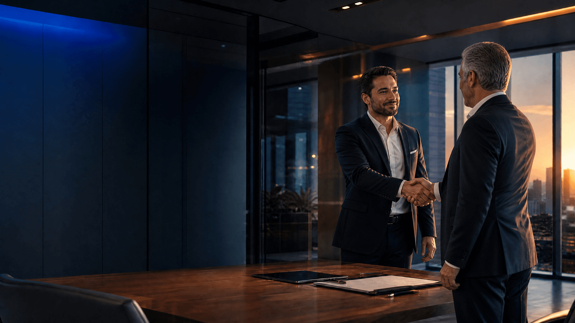 Dois executivos fechando negócio em escritório corporativo sofisticado, representando parceria e expansão empresarial da G Hanks.