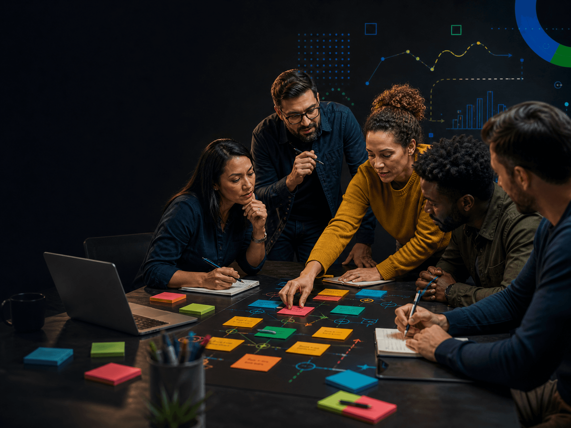 Profissionais colaborando em workshop presencial com cartões coloridos, planejamento e orientação prática.